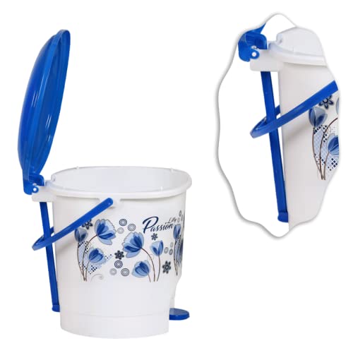 Image of GoodWill Tech Floral Printed Plastic Pedal Dustbin with Lid and Handle For Home, Kitchen, Office (White-Blue)