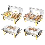 ROVSUN 9 Quart Chafing Dish, Stainless Steel Catering Serve Chafer, Restaurant Food Warmer, Rectangular Buffet Stove with Foldable Frame for Party (4, 2 Full Size,2 Half Size,3 1/3 Size)