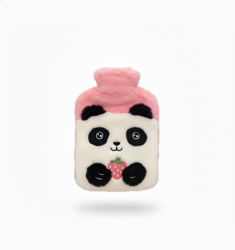 1000ml Cozy Panda Fleece Hot Water Bottle | Kawaii Fruit Design Warm Bag for Winter, Back/Neck Pain Relief, and Soothing Heat Therapy | Leakproof & Safe (Pink)-image-2