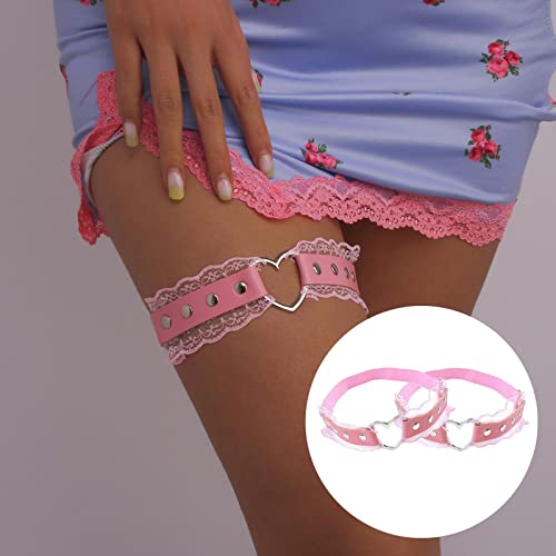 Women Girl Leather Heart Garters Leg Ring Belt Punk Studded Lace Elastic Thigh Ring Garters Adjustable Rose Red #TOP3