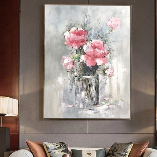 Peinture huile sur toile fait main d'un bouquet rose abstrait unique pour salon raffiné