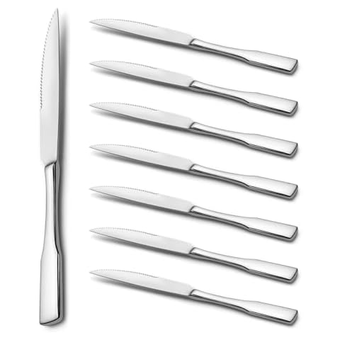 Alata Kate Steak Knives, Set of 8, Stainless Steel Flatware, Mirror Polished Cutlery, Dishwasher Safe Cover
