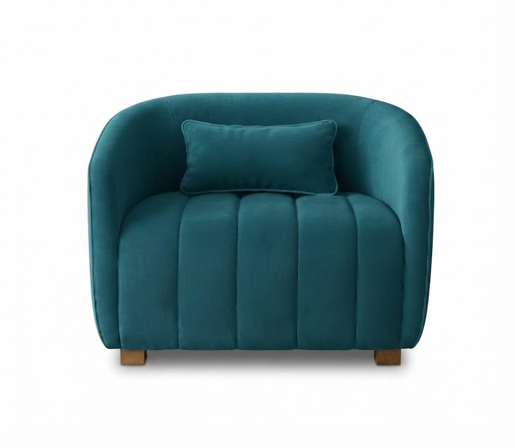 HM Handicrafts Modern Velvet Accent Chair | Upholstered Lounge Chair with Curved Barrel Back, Plush Cushion & Solid Wooden Legs | Luxury Single Seater Sofa Chair for Living Room, Bedroom, Teal-image-23