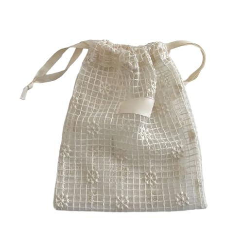 omiinitio Elegante bolsa de malla transparente con cordón para guardar joyas, conjunto esencial de viaje, organización, accesorios de encaje, bolsa de accesorios, margaritas, bordado, bolsa de