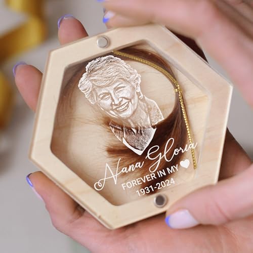 Image of Personalized Keepsake Box for Bereavement Gift, Lock of Hair Memorial, Sympathy Gift for Loss of Mother, Grandmother, Dad, Daughter, Son, Mom, Clear Lid, Engraving, Gift Box (Light Wood with Portrait)