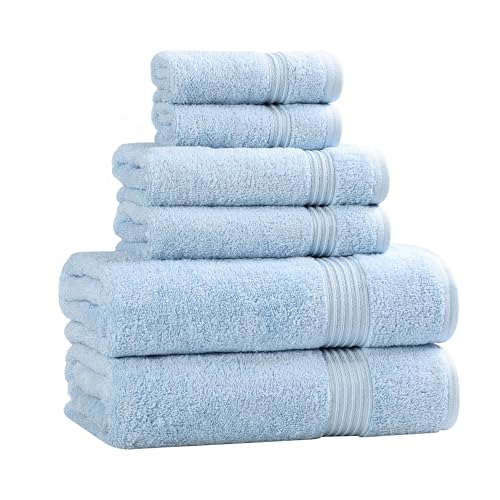 Superior Egyptian Cotton 6-Piece Towel Set, Bathroom Essentials, Towels For Bathroom, Apartment, Airbnb, Guest Bath, Face, Hand, Bath Towels, Washcloths, Absorbent, Fast Drying, Light Blue by SUPERIOR - Used condition - US$37.19