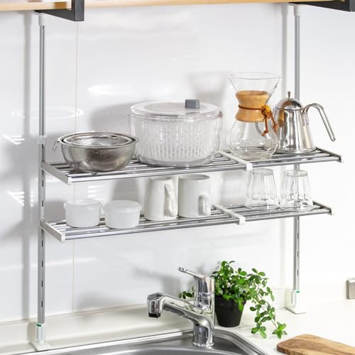 ステンレス製 水切り棚 組立式 (突っ張り棚 突っ張りラック つっぱりラック つっぱり キッチン キッチンラック 水切りラック シンク上 シンクサイド 壁面収納 高さ調節可能 幅調節可能) 多機能 省スペース スリム デザイン 幅50〜90cm
