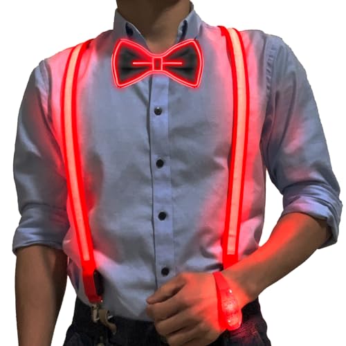 Image of 3 Pcs /Combo, LED Light Up Suspenders With Music Rhythm Glow Bracelets And Bow Tie Combo, Adjustable Elastic Flashing Led Clothing for Men and Women3Y