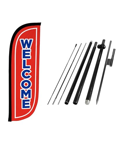 Image of LookOurWay Feather Flag Pole Kit - 7 Feet Tall Advertising Banner with Fiberglass Pole Set and Ground Spike for Business Promotion - Open Flags - Welcome Red & Blue