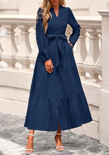 PRETTYGARDEN Womens Fall Maxi Dresses 2025 Casual Long Sleeve V Neck Button Down Flowy A Line Tiered Shirt Dress with Pockets2