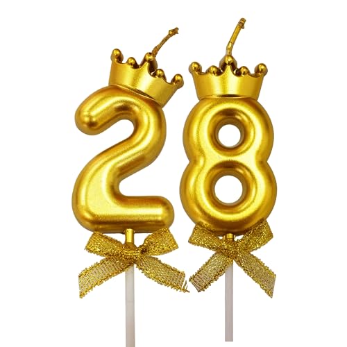 Image of 2 Pc 28 Number Candle for Birthday Cake Metallic Gold Number Candle with Crown on Top for Anniversary Cake Topper 28th Birthday Cake Decoration (Pack of 2, Gold).