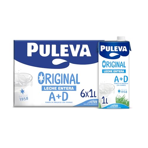Puleva - Leche Entera Original, Con Vitaminas A y D, Fuente de Calcio y Energía, Sin Gluten, Sin azúcares añadidos - Pack 6x1L