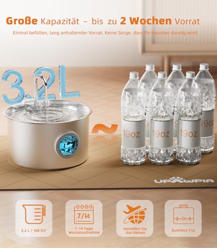 UPAWPIA 3.2L Katzenbrunnen Edelstahl mit 3 Filtern Trinkbrunnen für Katze Katzenbrunnen für Katzen mit Wasserstandsfenster Ultra leise Wasserbrunnen für Katzen Cat Water Fountain mit LED Licht