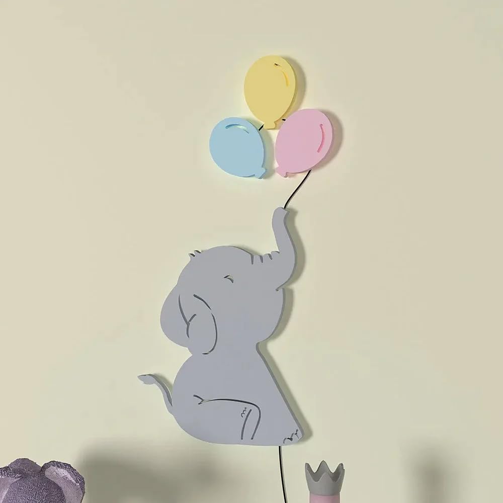 DEKORSTATION Baby Elephant Playing with Balloon Wooden Decorative Backlit for Kids Room Décor 2