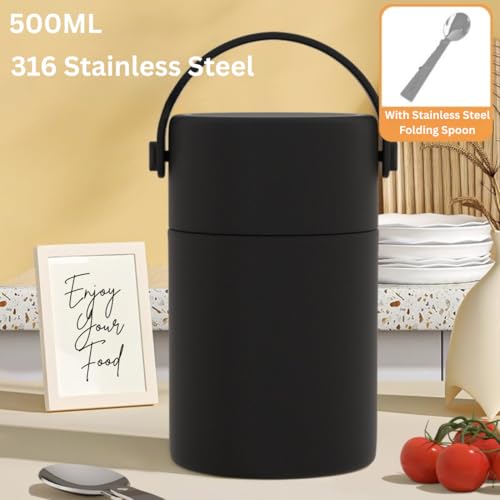 Image of Insulated Lunch Box 500ml Stainless Steel Food Jar | Leak Proof Thermal Tiffin for Hot & Cold Food | Vacuum Lunch Container with Spoon | Office School Travel (Black, 1 Compartment)