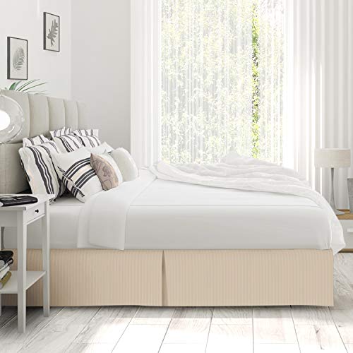 Image of Nestl Full Size Bed Skirt - Damask Dobby Stripe Wrap Around Bed Skirt Full Size - Double Brushed Microfiber 14 in Tailored Drop Pleated Bed Ruffle with Bed Skirt Pins - Cream