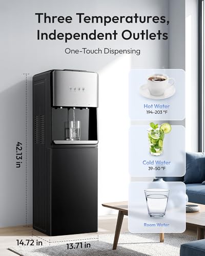 Image of Euhomy Self-Cleaning Bottom-Loading Water Dispenser, Compatible with 5 Gallon Bottles - 3 Temperature Settings with Hot, Room & Cold Water Outlets, Childproof Lock, Night Light & LED Display,Black