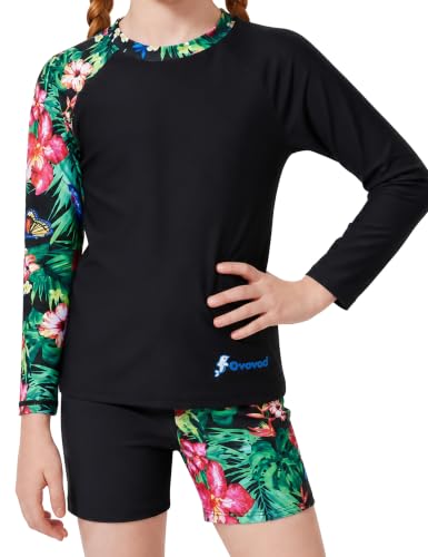 Image of Girls Swimsuit Two Piece Rash Guard Set for 4-14 Years UPF 50+ UV Protective Long Sleeve Swimwear