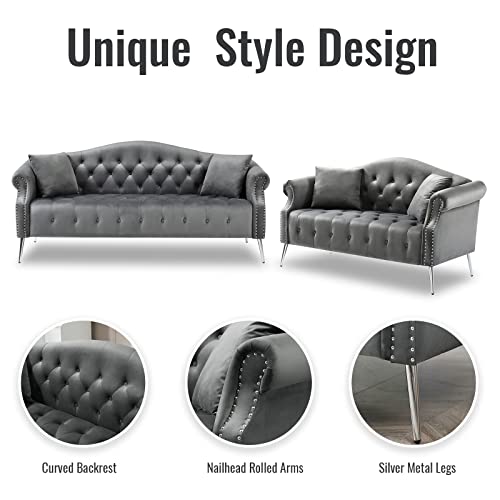 Homtique Sofa Set For Living Room 2 Piece, Modern Velvet Loveseat Sofa Set Upholstered Button Tufted Nailhead Trimming Rolled Arm And Metal Legs, Velvet Sofa Couch With 4 Pillows For Home (Grey) #TOP5
