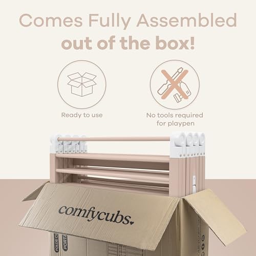 Comfy Cubs Baby Gate Playpen - 57 x 57 x 25 in, Extends Up to 228” - Pine Wood Foldable Playpen with Child-Proof Lock - Easy Assembly Baby Fence Play Area for Babies & Toddlers - Blush