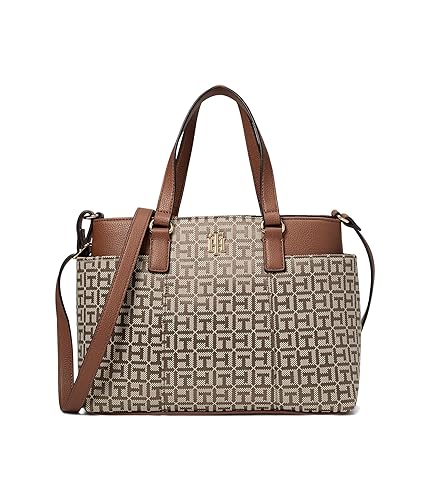 Tommy Hilfiger Evelyn II Bolsa conversível - Monograma quadrado Jacquard, Bronzeado/chocolate amargo, One Size