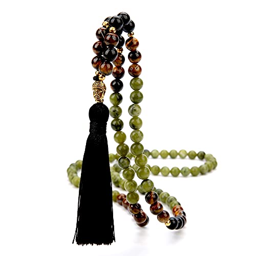 8mm Natural Stone Beads 108 Mala Beaded Necklace Meditation Yoga Prayer Jewelry Tibetan Buddha Head Pendant Tassel Japa Mala Rosary Beads for Men and Women (Southern Jade)