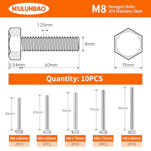 Image of M8 x 60mm 65mm 70mm 75mm 80mm Heavy Duty Hexagon Bolts Hex Head Screws, 304 Stainless Steel, Machine Fully Thread, Metric, Bright Finish, Assortment Kit 10PCS