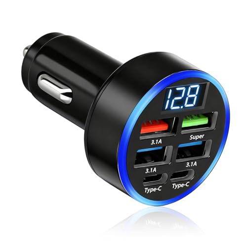 Cargador Coche Mechero 6 Puertos 50W, USB-C y USB-A con Pantalla LED Voltaje, Adaptador Mechero 12V-24V, 2×USB-C + 4×USB-A (1×Super, 3×3.1A), Cargador Rápido para iPhone, Samsung, Huawei, iPad, GPS