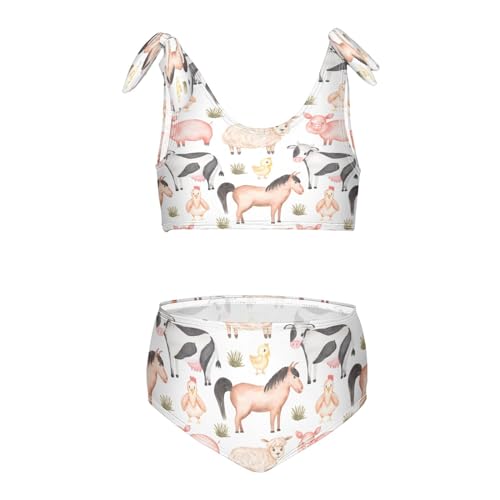Image of QUGRL Watercolor Farm Animals Girls Swimsuit Bikini Set Cute Cow Hen Pig Horse Kids Bathing Suits for Girls 2 Piece Bowknot Swimwear Tankini Hawaiian 7-8 Years