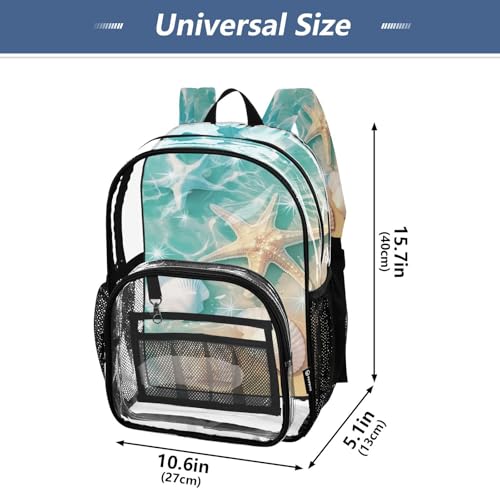 Summer Beach Starfish and Seashell Clear Backpack - Stadium Approved Large 15.7-inch Waterproof Transparent Bag for Sports, Concerts, Work, Travel#5614