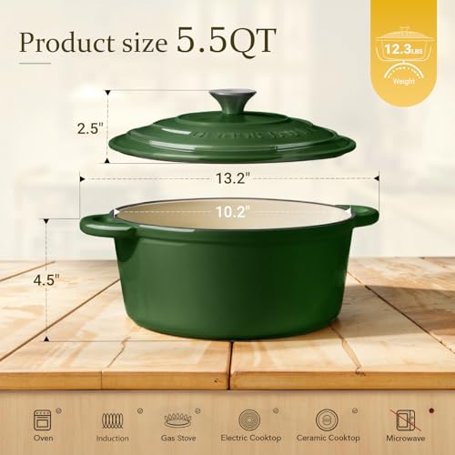 Image of Overmont Enameled Cast Iron Dutch Oven - 5.5QT Pot with Lid Cookbook & Cotton Potholders - Heavy-Duty Cookware for Braising, Stews, Roasting, Sourdough Baking Glossy Green