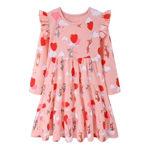 Image of Girl Long Sleeve Dress Ruffle Rainbow Color Block Cotton Casual Tiered Pleated Twirly Dress