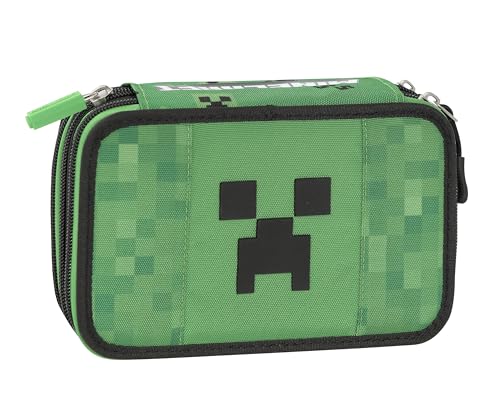 Franco Cosimo Panini Minecraft Estojo escolar oficial Minecraft, estojo com 3 compartimentos para menino e menina com conjunto de papelaria, canetas apagáveis, prático fecho de correr, 20 x 13, verde,