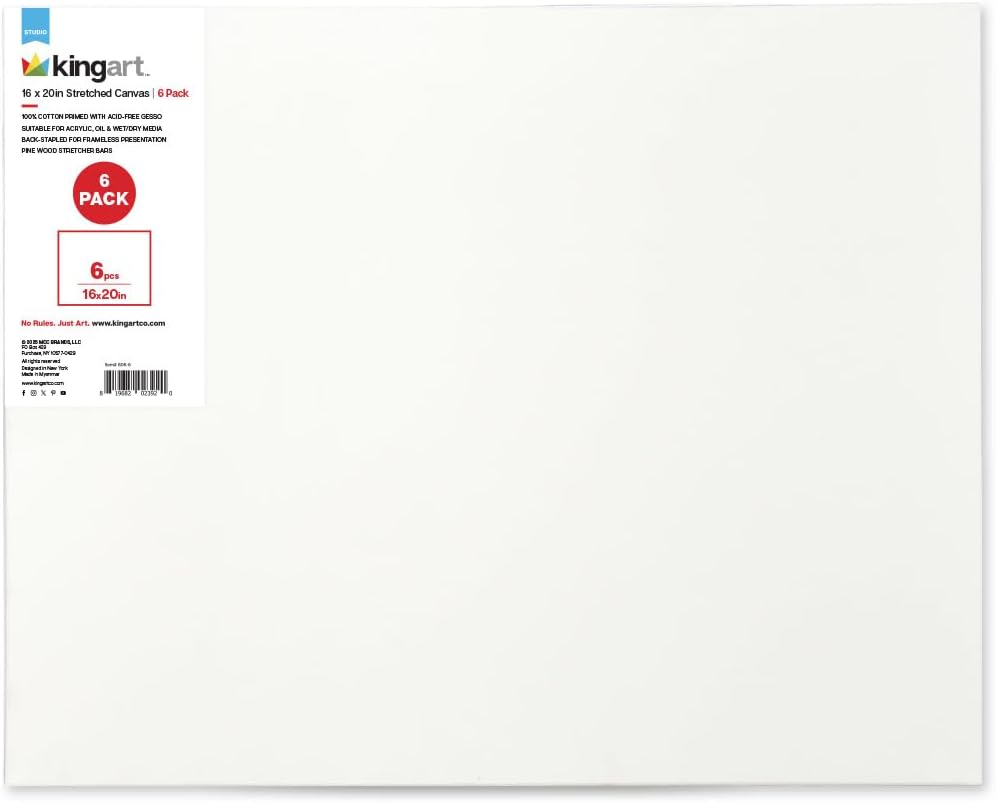 KINGART White 16" x 20" Stretched Artist Canvas, Pack of 6, Gesso Primed - 100% Cotton Rectangular Canvases, 5/8" Profile, Art Supplies for Oil and Acrylic Painting