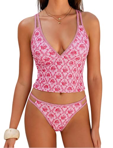 Image of ZAFUL Tankini Swimsuits for Women V Neck Dual Straps Cropped Bikini Swimsuit High Cut 2 Pieces Bathing Suit