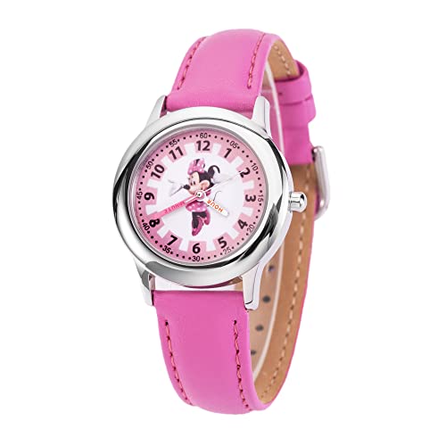 DISNEY Minnie Mouse Watch for Girls – Cute Minnie Watch for Kids 3-5 with Silver Bezel & Pink Leather Strap – Adorable Mouse Watches Toddlers, Young Fans