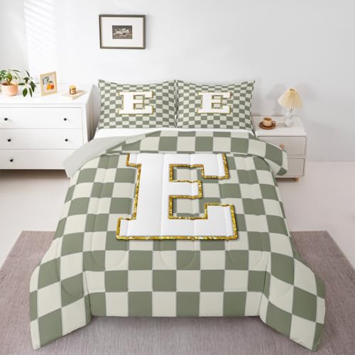 Image of Erosebridal Sage Green Checkered Bedding Set King Plaid Initial E Comforter Set for Kids Adults Personalized Monogram Down Comforter,Fashion Grids Gingham Quilt Duvet