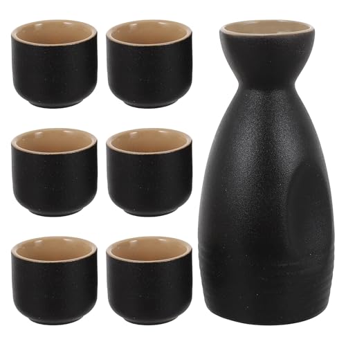 IDEANATEGRATE Juego de Sake Japonés de Cerámica Mate Negra, 1 Tetera Tapón de Madera y 4 Tazas, Set Delicado para Servir Sake en Hogar, Bar o Restaurante, Vaso de Cerámica Tradicional