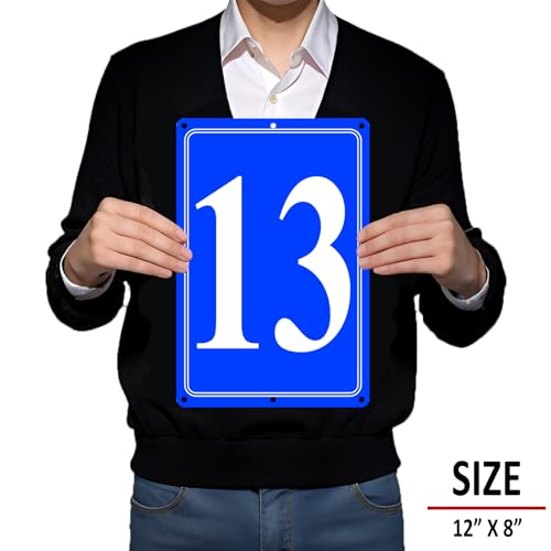 Image of Premium Aluminum Number Signs 13, Metal 12 inch X 8 inch Blue Numbered Signs Outdoor for Parking Lots, Floor, Dock, Court, Aisle, Field, High Visibility, No Fade, Weather-resistant