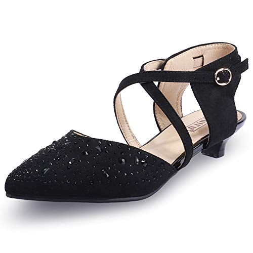 IDIFU Women's Sequins Wedding Kitten Small Heel Shoes Ankle Strap Bridal Bride Dance Dress Shoes - Silver Gold Black