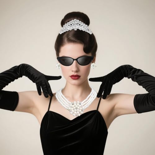 6 PCS 1920s Accessories,20s Accessories Pearl Necklace Earrings Gloves Sunglasses,Flapper Party Cosplay Jewlery Set for Flapper Party Cosplay Multi - Thumbnail 7