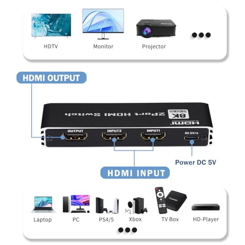 Image of Enbuer 8K HDMI 2.1 Switch, HDMI 2.1 Switcher 2 in 1 Out, Supports 8K@60Hz, 4K@144Hz, 4K@120Hz, 1080P@240Hz, HDCP 2.3, HDR, 3D, Dolby Compatible with PS5 Xbox Blu-Ray Player etc