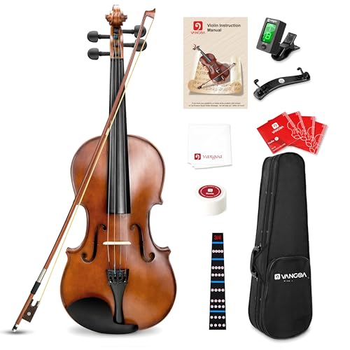Vangoa 3/4 Violin Fiddle Solid Wood Acoustic Violins Set Three Quarters for Kids Students Beginners with Violin Case, Bow, Rosin, Note Sticker, Tuner, Mute, Strings, Natural