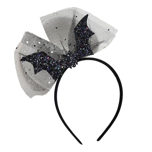 YUYIYANG Sparkle Bat Halloween Headband - Glittered Bow & Bats on Black Mesh Hair Hoop for Women Girls Spooky Party Accessories & Costume Favors