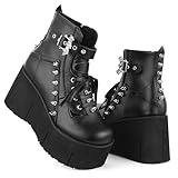 Accloris Black Platform Ankle Boots for Women Goth Punk Rave Shoes Punk Rivet&Skull Lace Up Zipper Round Toe Wedge Chunky High Heels Buckle Booties, 9