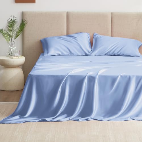 Love's cabin Satin Queen Sheets Set - 4 Piece Sky Blue Silky Bed Sheets with Deep Pocket, Luxury Silk Feel Satin Queen Size Sheet Set (1 Flat Sheet,1 Fitted Sheet,2 Pillow Cases)