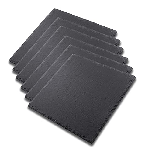 HANHAN 6 quadratische Teller aus schwarzem Schiefer, Vorspeise, aus Naturstein, Schiefertablett für Käse, Vorspeise, Aperitif, Sushi und vieles mehr (25 x 25 cm) Cover
