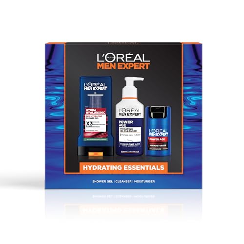 LOréal Men Expert Hydrating Essentials Gift Set Shower Gel Cleanser and Moisturiser Hyaluronic Acid For Men Intense 24H Hydration Anti-Aging Care Complete Grooming Trio