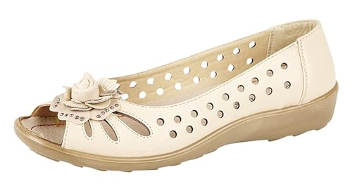 Boulevard Womens Wide Fit Leather Lined Open Peep Toe Flower Summer Shoes Beige 5