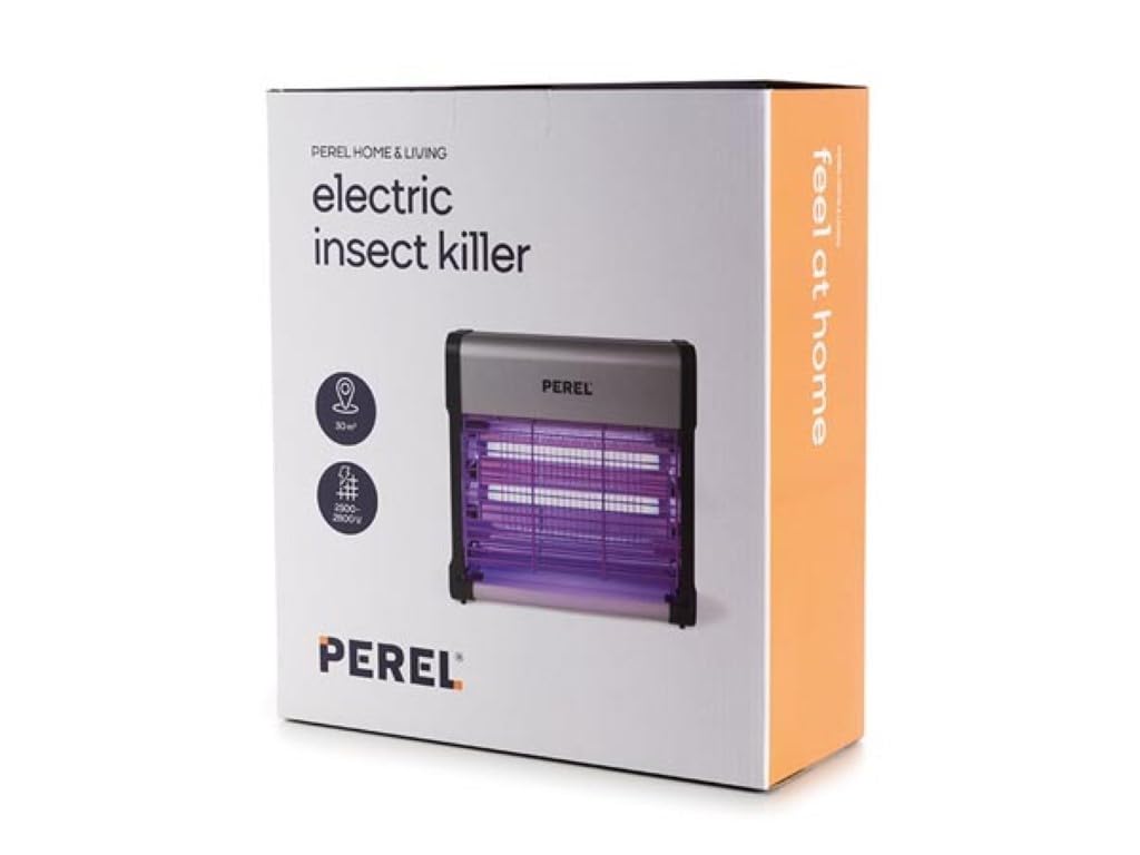 Perel Lampada insetticida UV elettrica per interni, griglia 2800V, dispositivo silenzioso con vassoio estraibile, copertura 30 m², struttura in metallo, senza sostanze chimiche